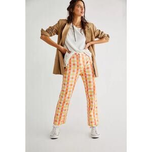 NWT Free People She's All That Printed Check Trouser Pants Yellow Orange Sz 12